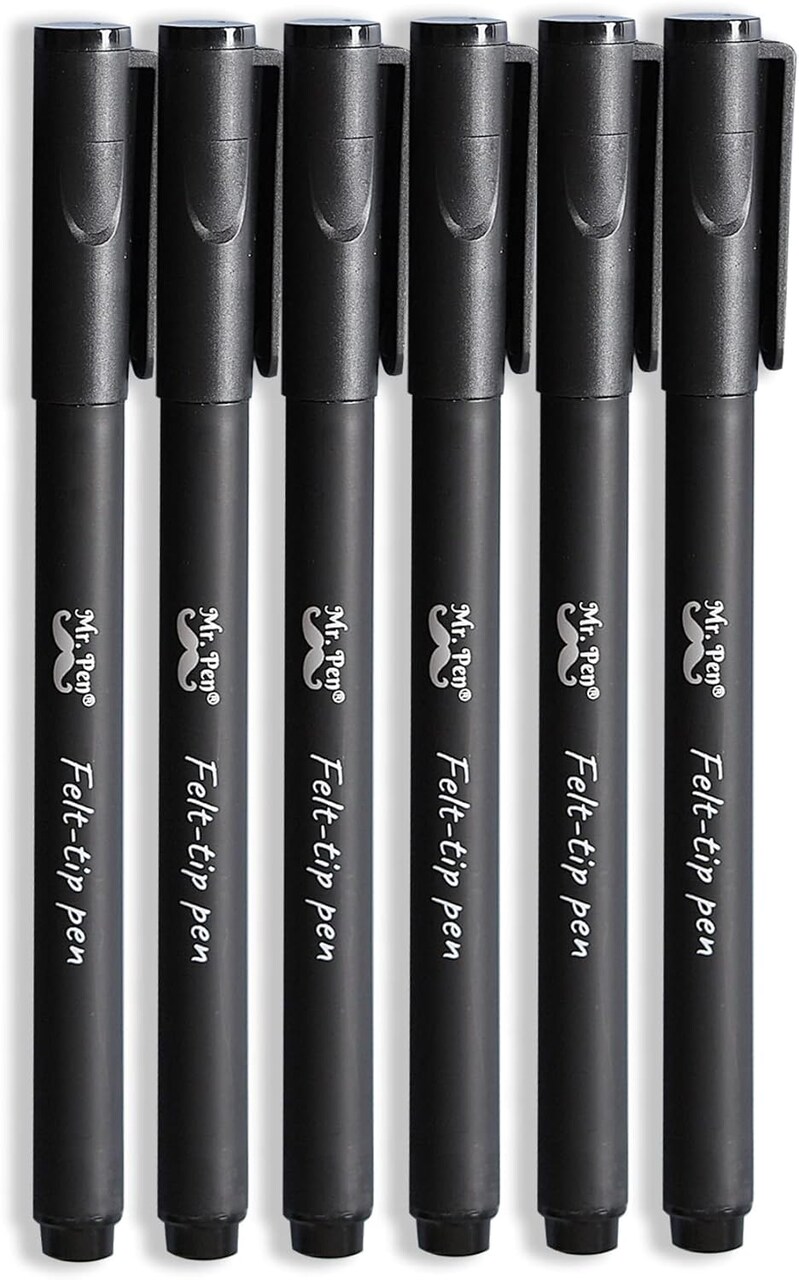 Felt Tip Pens, Black Pens, Pack of 6, Fast Dry, No Smear, Fine Point Pens Black, Black Felt Tip Pens, Bible Journaling Pens, Felt Pens, Planner Markers, Pens for Journaling
